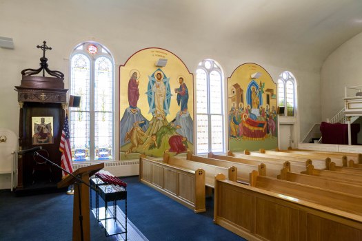 The South Wall at Holy Trinity Church, Portland, Maine (click to enlarge). Transfiguration and Dormition icons.
